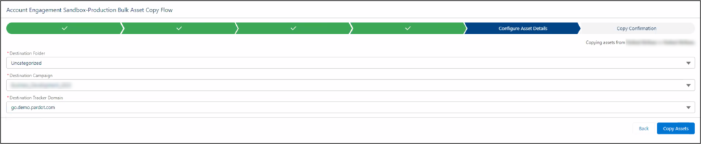 Account Engagement Sandbox-Production Bulk Asset Copy Flow Configure assets details