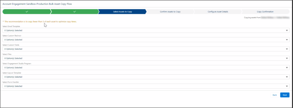 Account Engagement Sandbox-Production Bulk Asset Copy Flow Select Assets to Copy