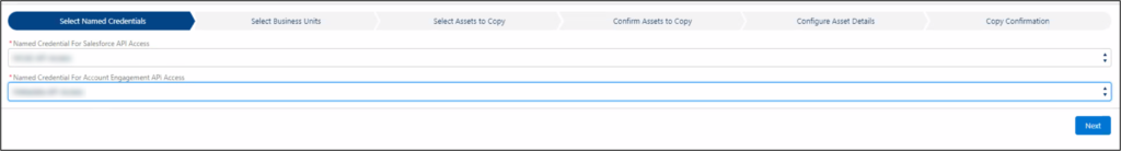 Account Engagement Sandbox-Production Bulk Asset Copy Flow Select Named Credentials