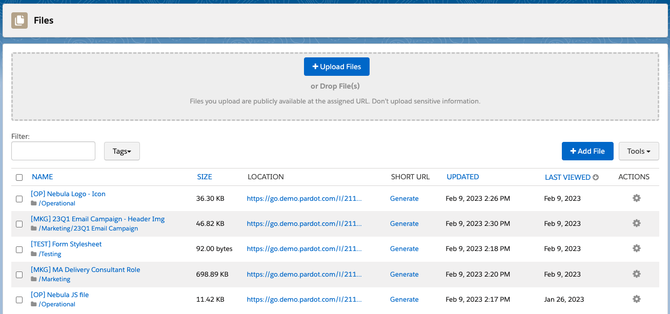 An example of Files in Account Management (Pardot) with following Files Management processes.