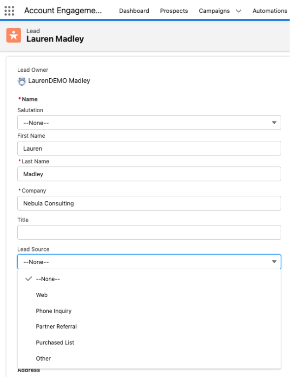Example of Lead Source options
