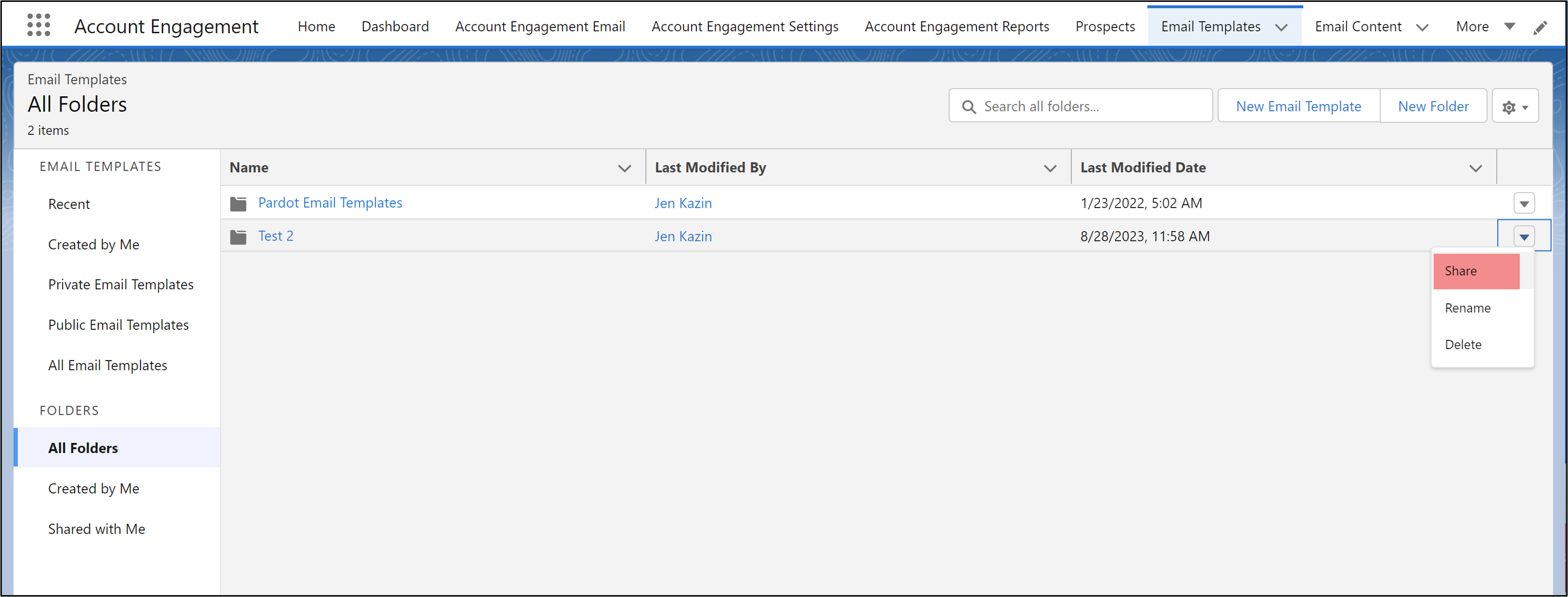 Account Engagement Email Template sharing folders